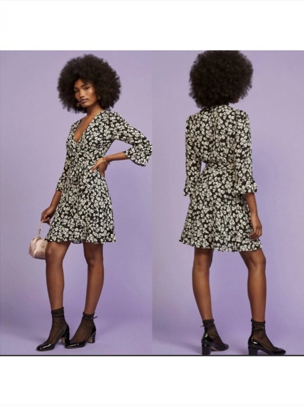 Reformation Zoe Wrap Mini Dress L Elaine Black White Floral 3/4 Sleeve Ruffles